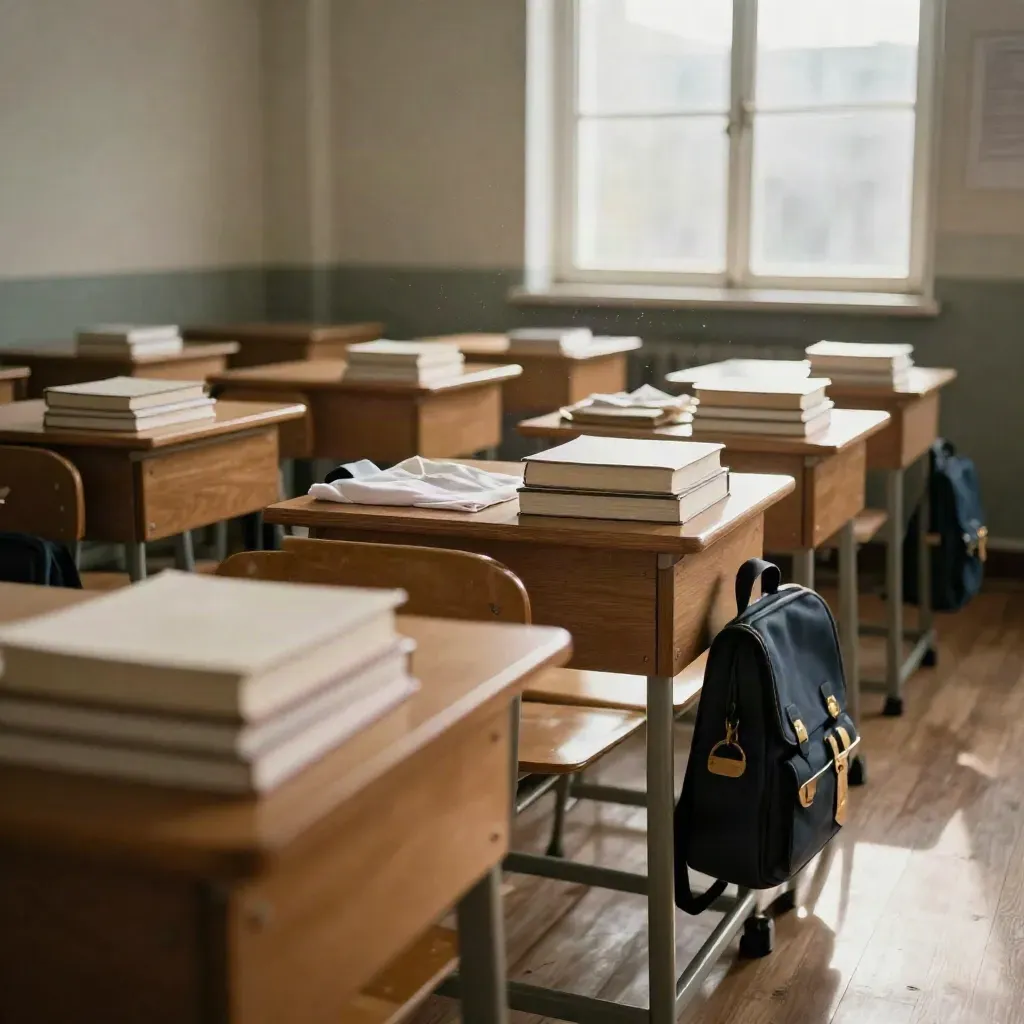 Prepared classroom desks with textbooks, folded uniform, and satchels waiting in morning light.
