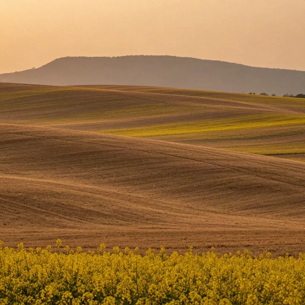 Mustard fields beneath the distant Aravalli ridge at amber dusk