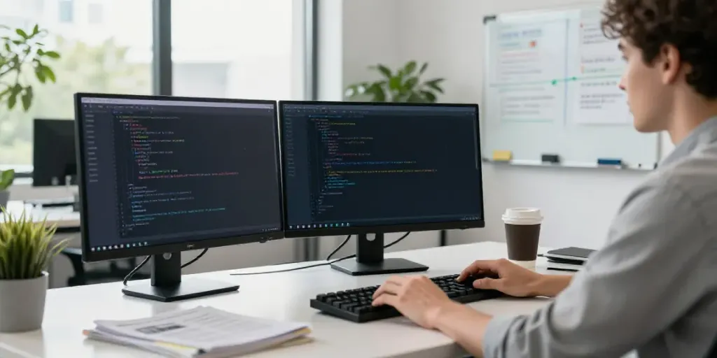 v2rayN官网 software developer coding at modern office desk