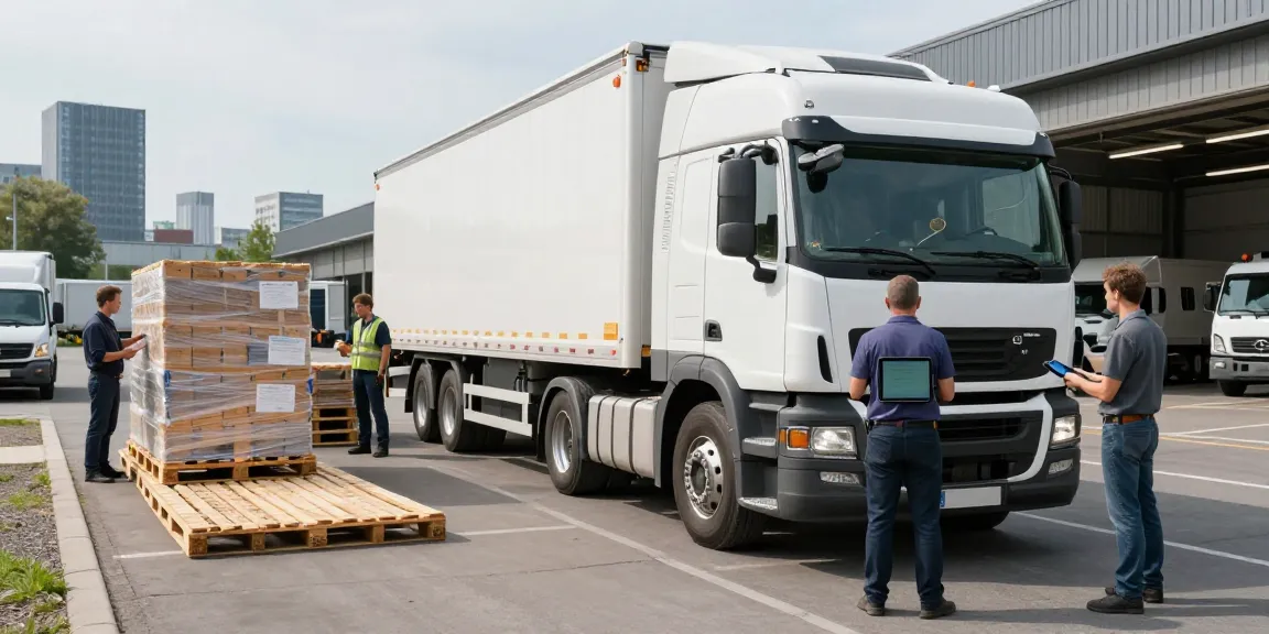 LKW Transport von Dortmund mit einem Fahrer, der vor seinem modernen Lkw steht, während Paletten im Hintergrund verladen werden.